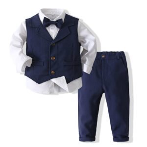 kimocat baby boys gentleman bowtie formal outfit suits tuxedo vest wedding party suit navy blue