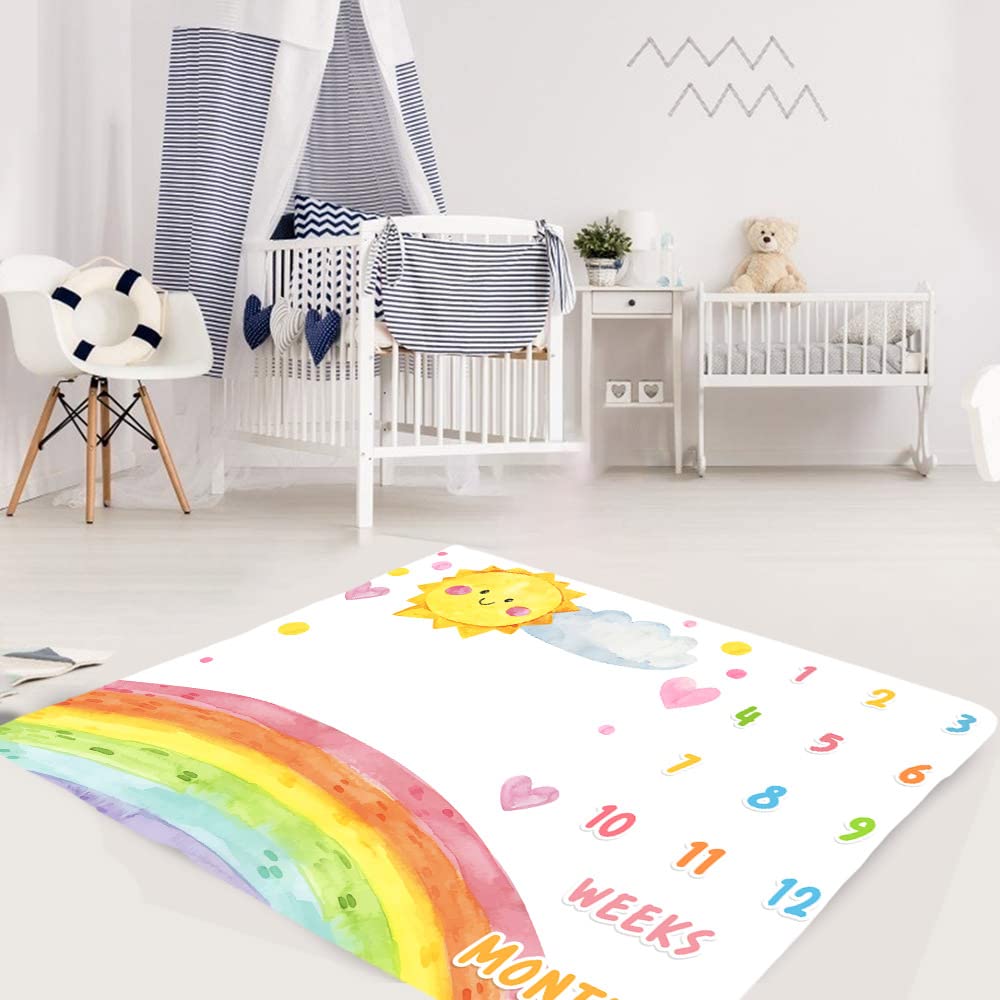 Cartoon Rainbow Baby Monthly Milestone Blanket, 48x40in Sun Cloud Heart Shape Colored Dots Blanket Hand Painted for Newborn Baby Shower,Baby Growth Chart Photography Blanket BTLSME96