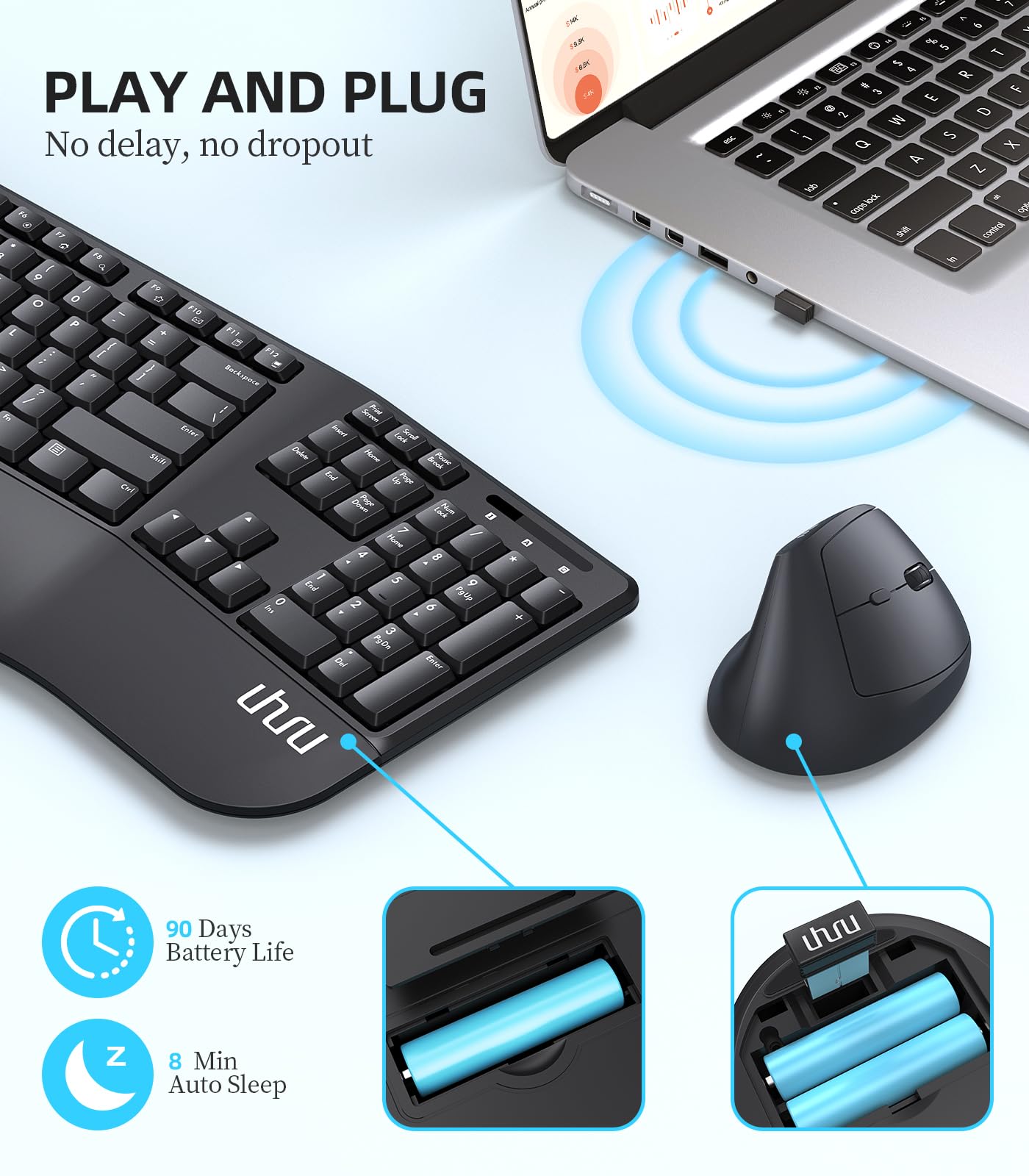 Ergonomic Wireless Keyboard and Mouse - UHURU UEKM-20 Wireless Ergo Keyboard and Mouse Combo with Split Design, Palm Rest, Natural Typing, Compatible with Windows Mac