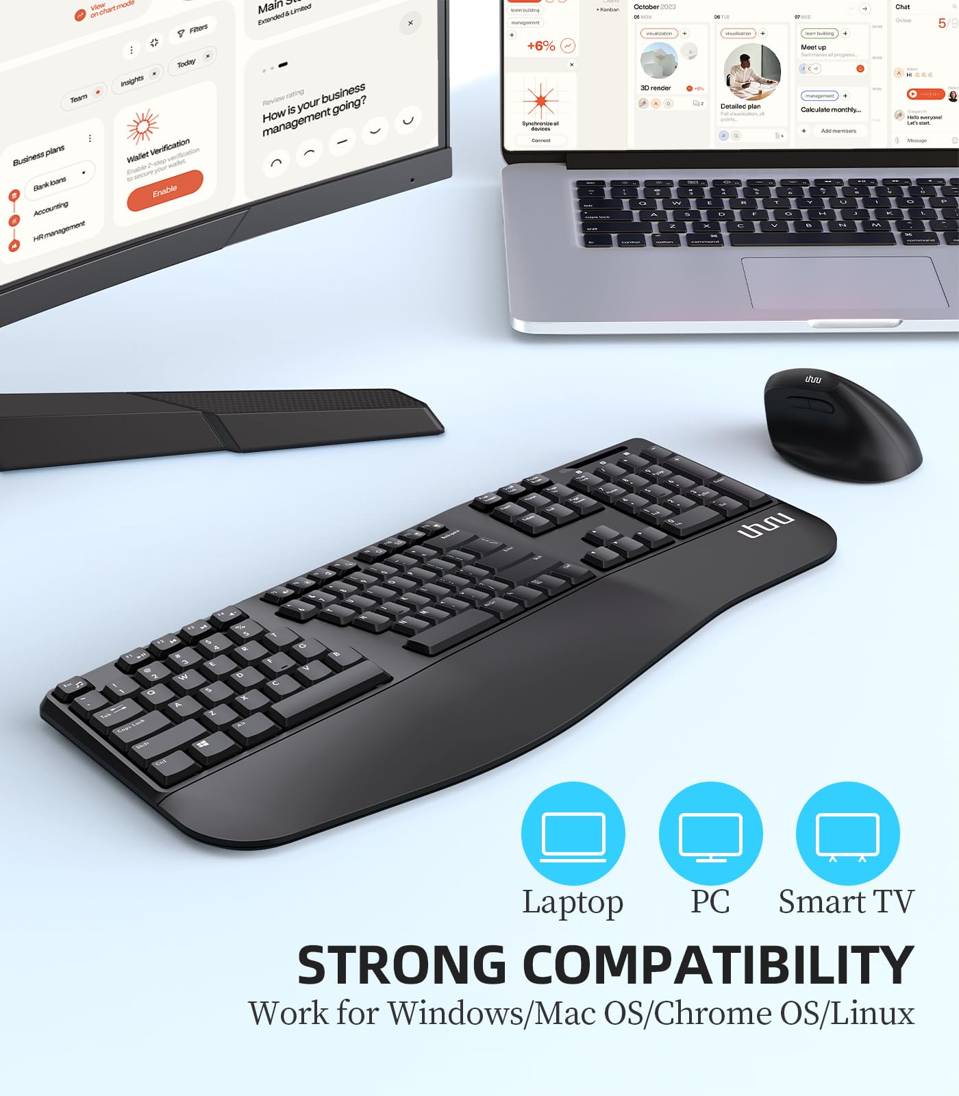 Ergonomic Wireless Keyboard and Mouse - UHURU UEKM-20 Wireless Ergo Keyboard and Mouse Combo with Split Design, Palm Rest, Natural Typing, Compatible with Windows Mac