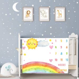 Cartoon Rainbow Baby Monthly Milestone Blanket, 48x40in Sun Cloud Heart Shape Colored Dots Blanket Hand Painted for Newborn Baby Shower,Baby Growth Chart Photography Blanket BTLSME96