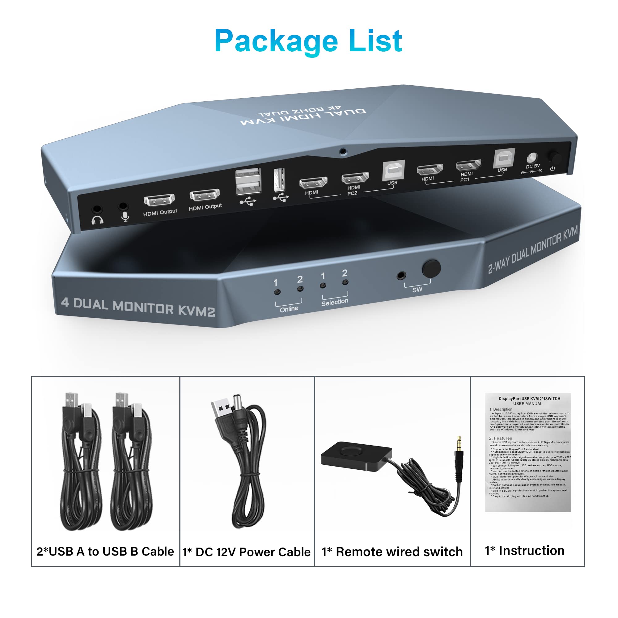 Dual Monitor HDMI 2.0 KVM Switch 2 Port Extended Display 4K@60Hz, USB KVM Switch HDMI 2 in 2 Out with Audio Microphone Output and 3 USB 2.0 Hub, 2 HDMI Monitors 2 Computers Switch, with 2 USB Cables