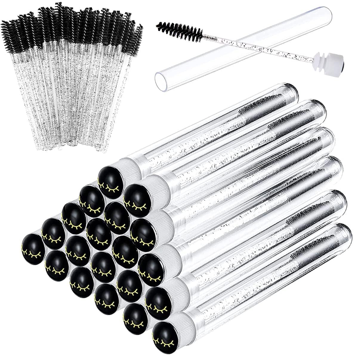 Mascara Wand Brushes Tubes Set-70 Pieces Disposable Eyelash Brushes Replacement with 20 Pieces Empty Container Tubes for Eyelash Extension Lash (Black Eyelash)