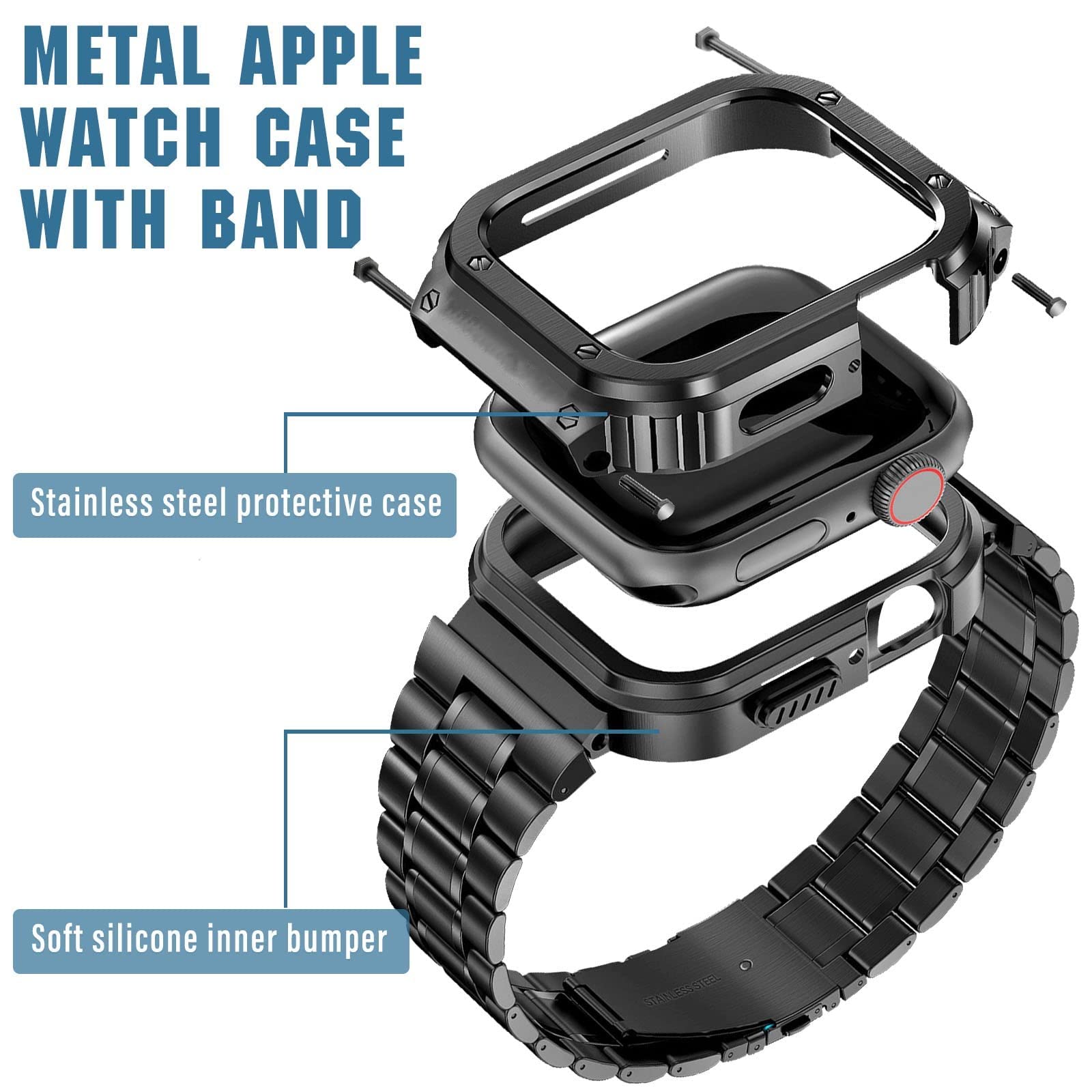 MioHHR Apple Watch Series 9/8/7(45mm) Stainless Steel Rugged Strap with Metal Protective Bumper Cover for iWatch Band Men Black Case Compatible