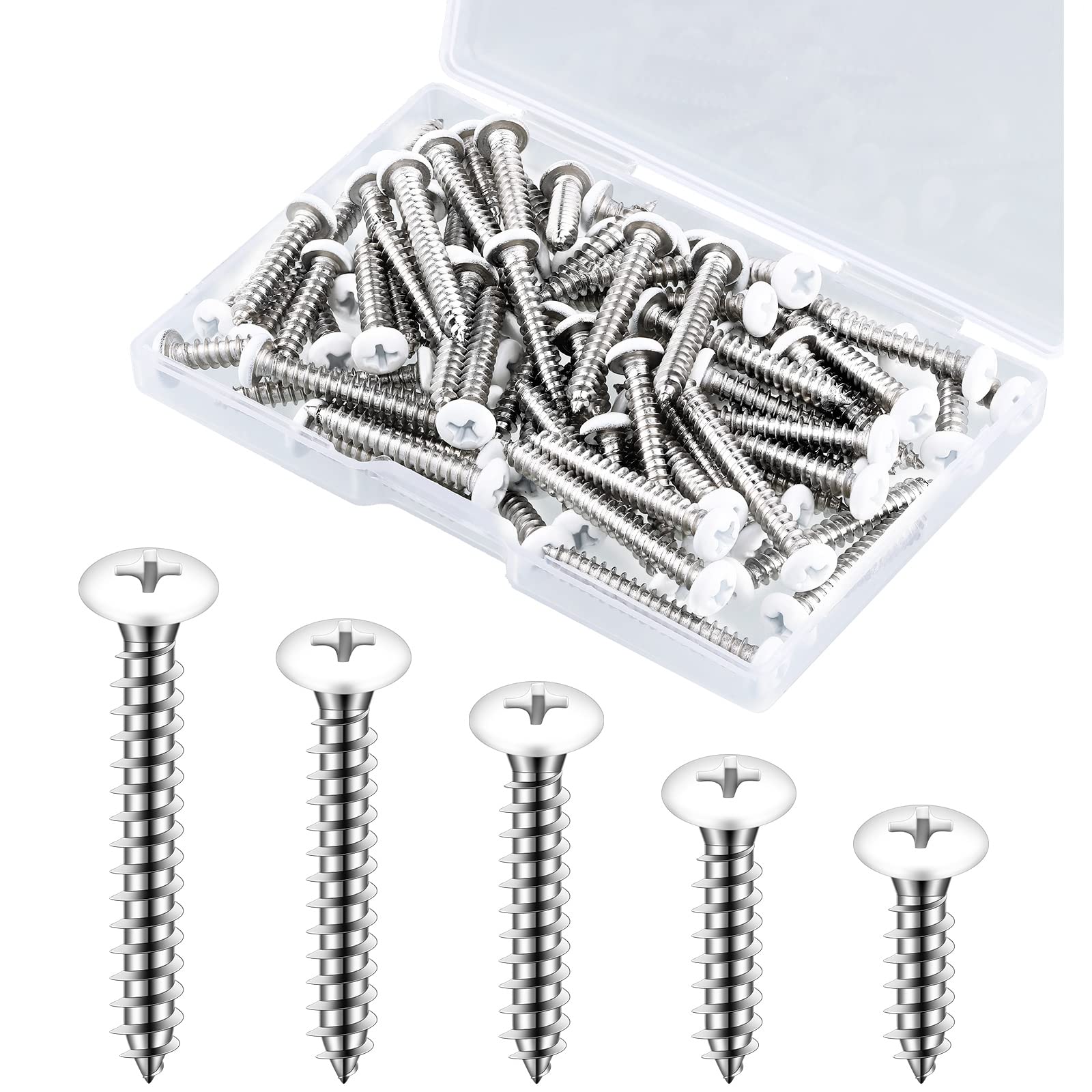 100 Pcs #8 White Pan Head Screw White Sheet Metal Screw Self Tapping Stainless Steel Wood to Metal Screws for Wall Plates Switches Covers Replacement, 5 Sizes