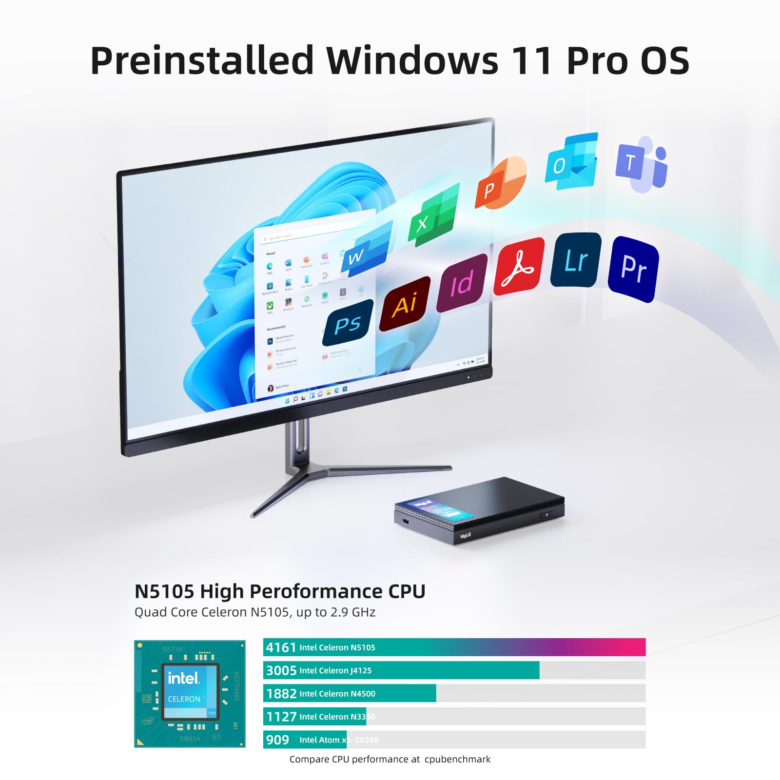MeLE Quieter3Q Fanless Mini PC Windows 11 Pro 8GB DDR4 256GB ROM Tiny Desktop PC Celeron N5105(up to 2.9GHz) Micro Computer Dual HDMI 4K@60, VESA Mount, Gigabit Ethernet 2.4G&5G WiFi Office PC