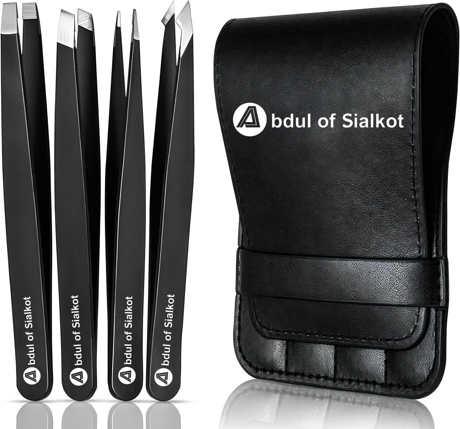 Abdul of Sialkot Eyebrow Tweezer Set for Women & Men - Professional Slant and Pointed Tweezers Set with Case - Precision Tweezers Kit for Facial Hair, Splinter and Ingrown Hair Removal (Black 4 piece)