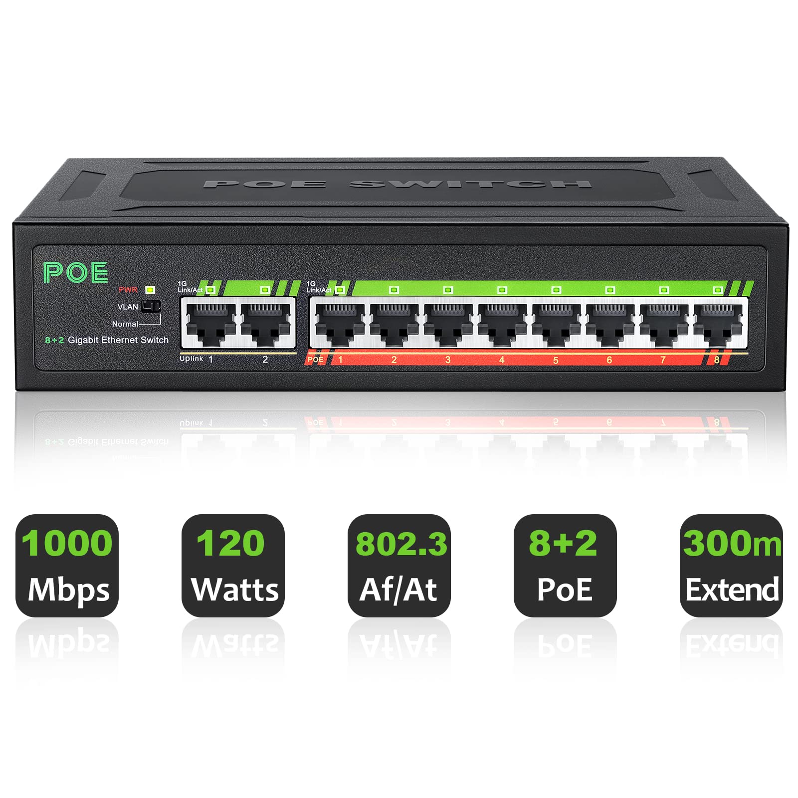 10 Gigabit Port PoE Ethernet Switch, 8 PoE Port Switch with 2 Uplink, Unmanaged Ethernet Splitter 802.3af/at Compliant Plug & Play Traffic Transmission