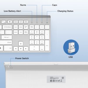 JOYACCESS Rechargeable Silent Wireless Keyboard, 2.4G USB Keyboard for Mac, PC, Laptop, Compatible with Windows, iOS, Android, Water Resistant, Slim Design (Silver White)