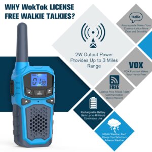 4 Walkie Talkies for Adults Long Range-WokTok Rechargeable Portable 2 Way Radios,Hiking Accessories Camping Gear Toys for Kids,with SOS Siren,NOAA Weather Alert,VOX,Easy to Use Camping Hiking