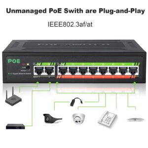 10 Gigabit Port PoE Ethernet Switch, 8 PoE Port Switch with 2 Uplink, Unmanaged Ethernet Splitter 802.3af/at Compliant Plug & Play Traffic Transmission