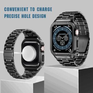 MioHHR Apple Watch Series 9/8/7(45mm) Stainless Steel Rugged Strap with Metal Protective Bumper Cover for iWatch Band Men Black Case Compatible