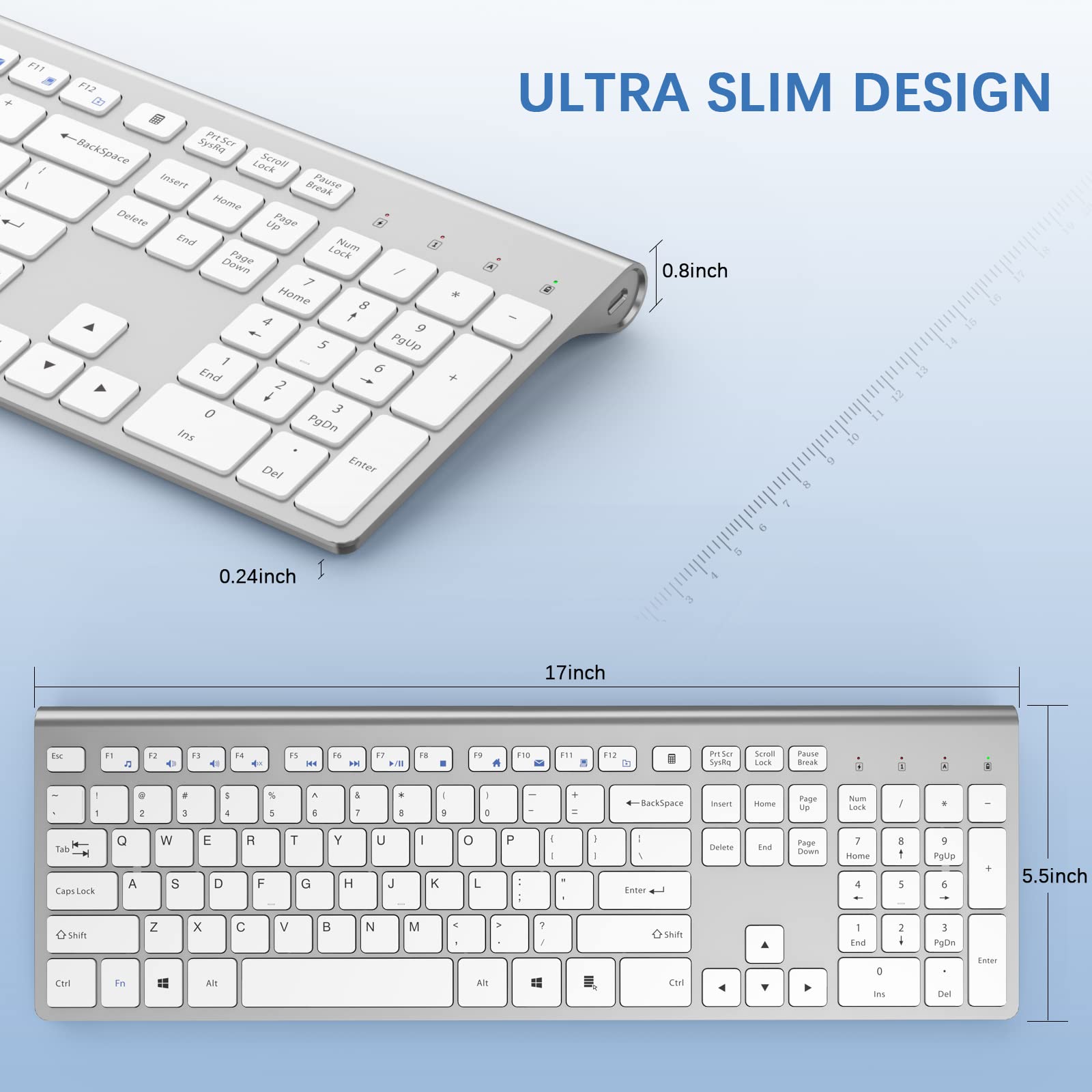 JOYACCESS Rechargeable Silent Wireless Keyboard, 2.4G USB Keyboard for Mac, PC, Laptop, Compatible with Windows, iOS, Android, Water Resistant, Slim Design (Silver White)