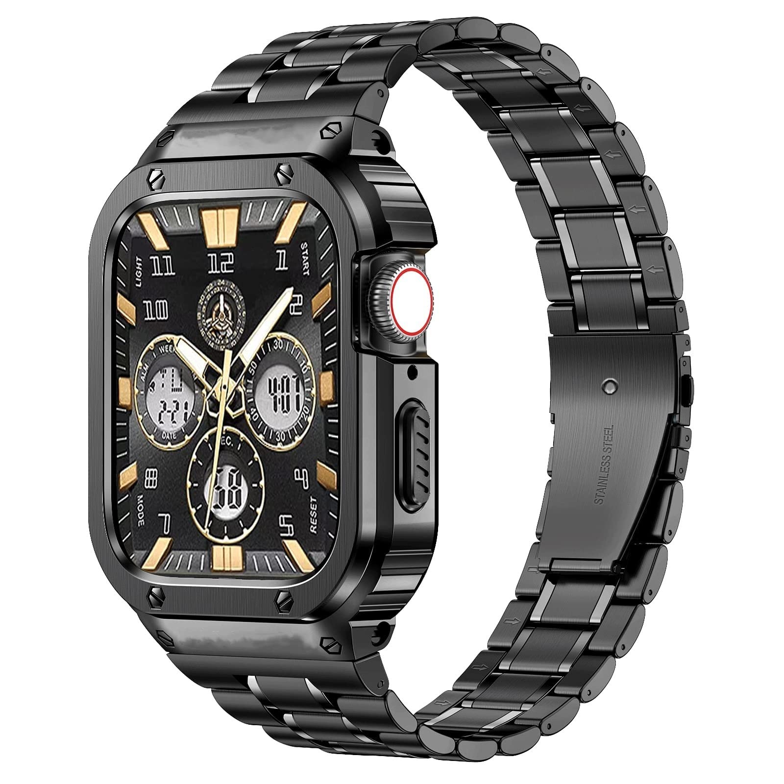 MioHHR Apple Watch Series 9/8/7(45mm) Stainless Steel Rugged Strap with Metal Protective Bumper Cover for iWatch Band Men Black Case Compatible