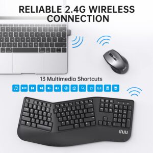 Ergonomic Wireless Keyboard and Mouse - UHURU UEKM-20 Wireless Ergo Keyboard and Mouse Combo with Split Design, Palm Rest, Natural Typing, Compatible with Windows Mac