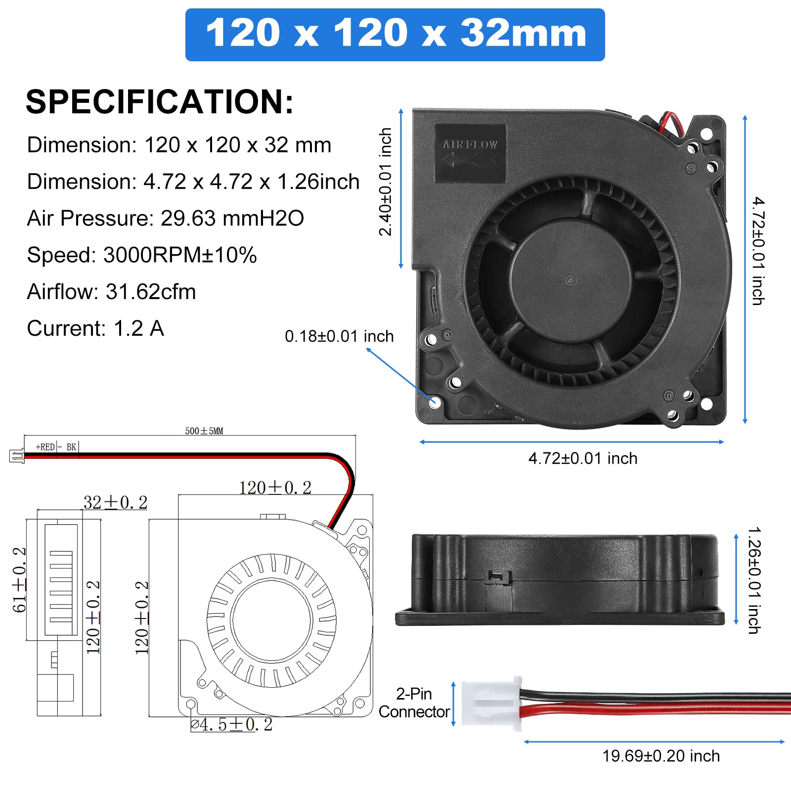 PANO-MOUNTS 12V DC Blower Fan 120mm x 32mm 4.72inch 2Pin High Airflow Moisture-Proof Brushless Exhaust Fan Blower for Inflatable and More 3000RPM