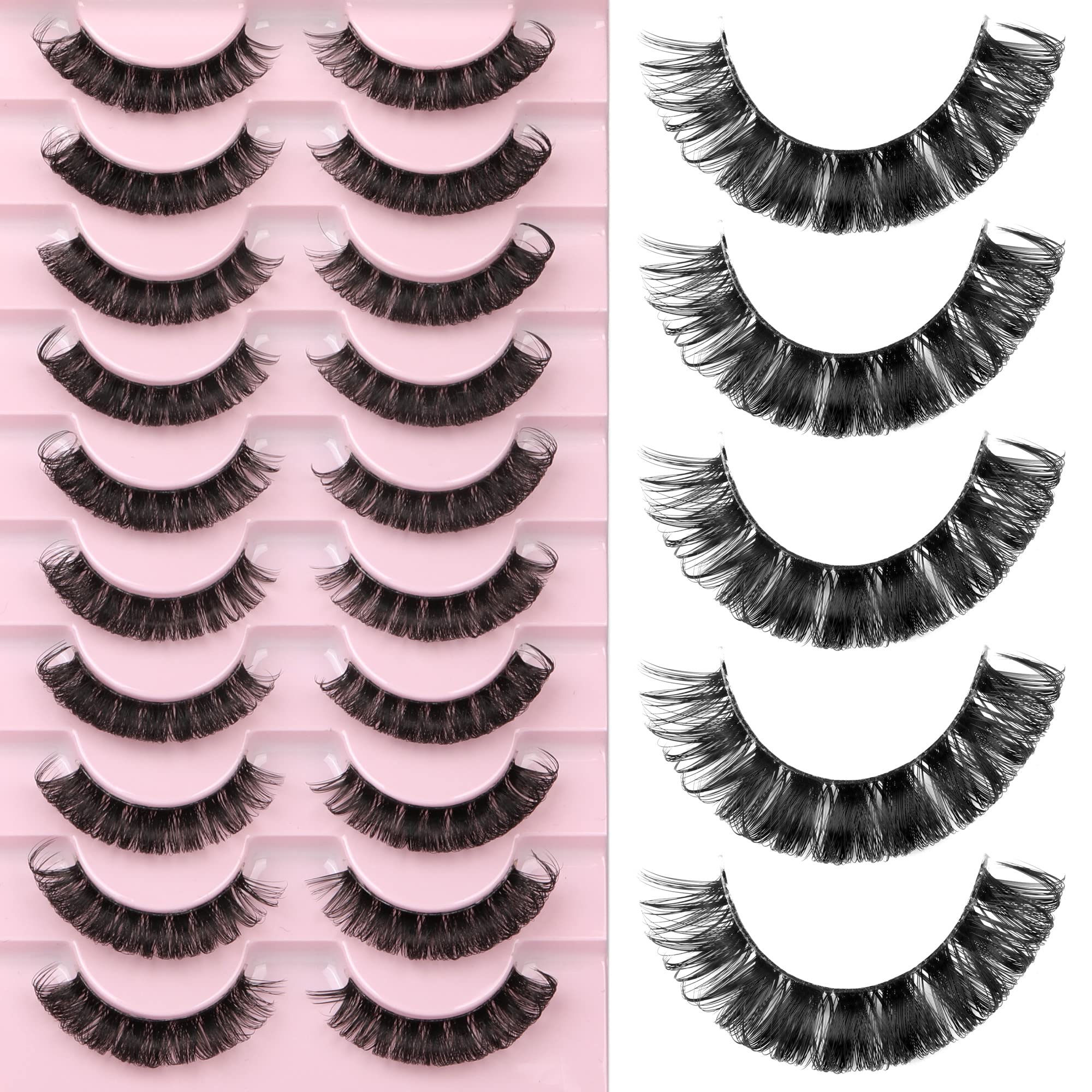 Newcally Lashes Nautral Look False Eyelashes Russian Strip Lashes Mink Wispy Fluffy Lashes Pack D Curl Thick Full Volume Cat Eye Lashes Look Like Extensions 10 Pairs