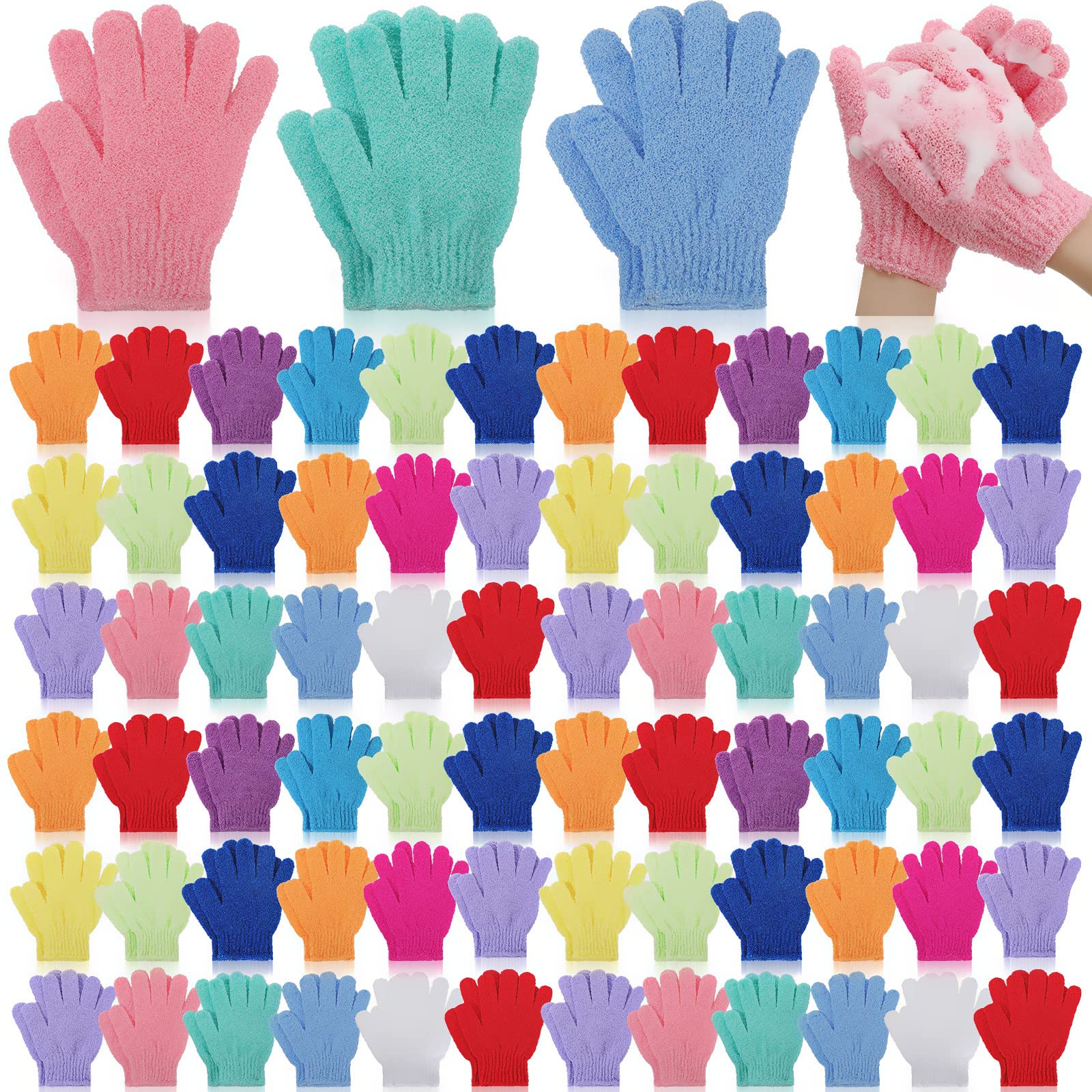 Tegeme 100 Pcs Exfoliating Gloves Double Sided Exfoliating Bath Gloves Nylon Colorful Shower Gloves for Men Women Beauty Spa Massage Shower Deep Clean Body Skin Scrubber Bathing Accessories,13 Colors