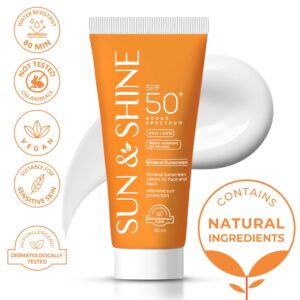 Sun&Shine 100% mineral sunscreen zinc oxide for Sensitive Skin: SPF50+ Broad Spectrum UVA UVB, Face sunscreen lotionreef safe, fragrance free 1.7 Oz