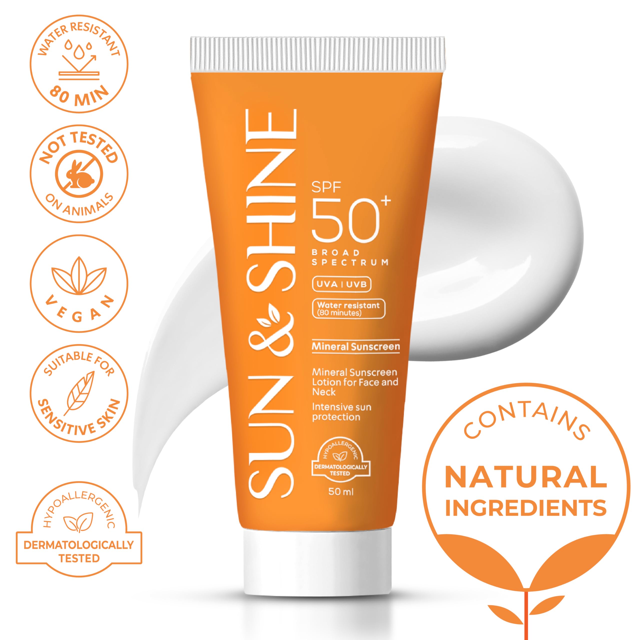 Sun&Shine 100% mineral sunscreen zinc oxide for Sensitive Skin: SPF50+ Broad Spectrum UVA UVB, Face sunscreen lotionreef safe, fragrance free 1.7 Oz