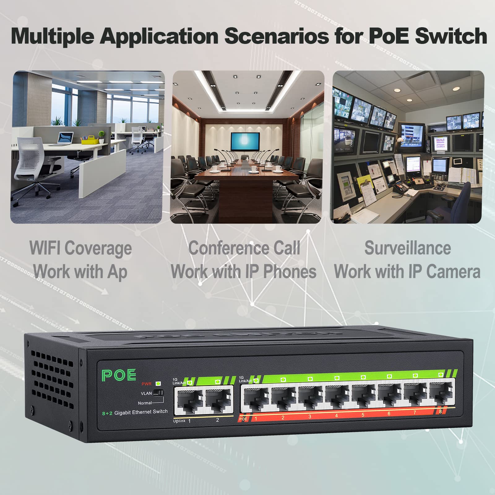 10 Gigabit Port PoE Ethernet Switch, 8 PoE Port Switch with 2 Uplink, Unmanaged Ethernet Splitter 802.3af/at Compliant Plug & Play Traffic Transmission