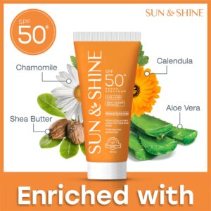 Sun&Shine 100% mineral sunscreen zinc oxide for Sensitive Skin: SPF50+ Broad Spectrum UVA UVB, Face sunscreen lotionreef safe, fragrance free 1.7 Oz