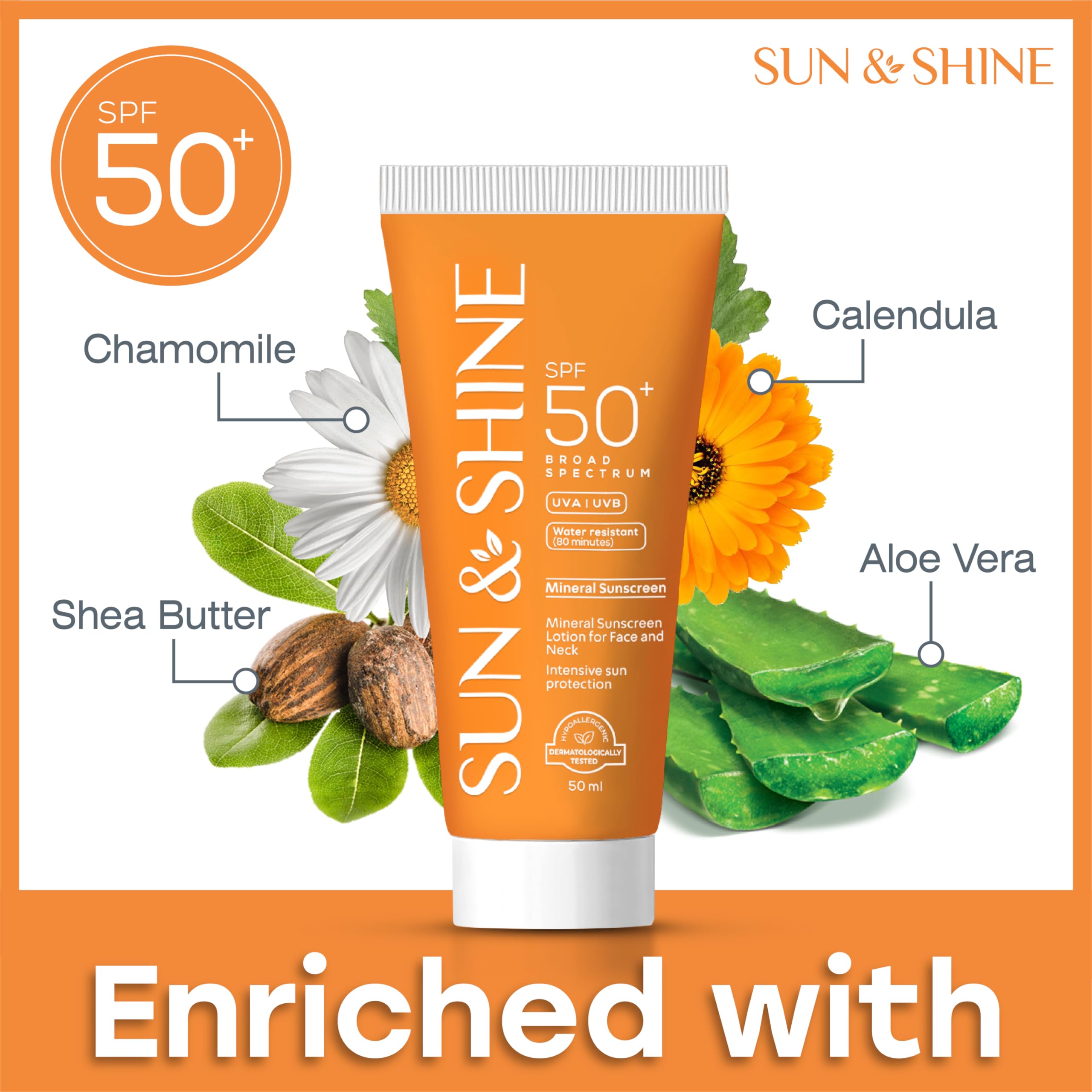 Sun&Shine 100% mineral sunscreen zinc oxide for Sensitive Skin: SPF50+ Broad Spectrum UVA UVB, Face sunscreen lotionreef safe, fragrance free 1.7 Oz