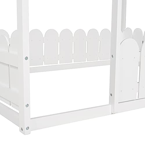 Merax Wooden House Bed with Fence-Shaped Guardrail Montessori Bed Frame for Kids, Toddlers, Girls, Boys (Full,White)