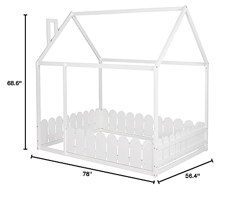 Merax Wooden House Bed with Fence-Shaped Guardrail Montessori Bed Frame for Kids, Toddlers, Girls, Boys (Full,White)