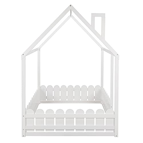 Merax Wooden House Bed with Fence-Shaped Guardrail Montessori Bed Frame for Kids, Toddlers, Girls, Boys (Full,White)