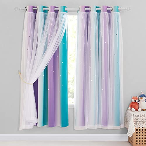 NICETOWN Kids Blackout Curtains for Girls, Star Cutout Teal & Purple Double Layer Curtains for Bedroom Grommet Mix & Match Baby Window Decor Drapes for Nursery/Living Room, 2 Panels, 52" W x 72" L