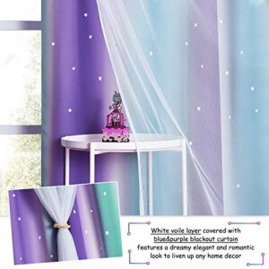 NICETOWN Kids Blackout Curtains for Girls, Star Cutout Teal & Purple Double Layer Curtains for Bedroom Grommet Mix & Match Baby Window Decor Drapes for Nursery/Living Room, 2 Panels, 52" W x 72" L