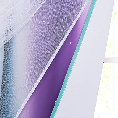 NICETOWN Kids Blackout Curtains for Girls, Star Cutout Teal & Purple Double Layer Curtains for Bedroom Grommet Mix & Match Baby Window Decor Drapes for Nursery/Living Room, 2 Panels, 52" W x 72" L