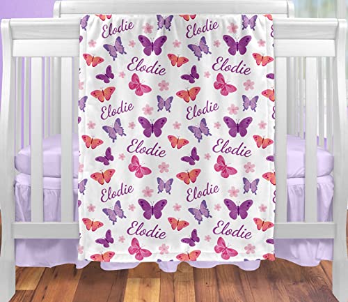 Personalized Baby Blankets for Girls with Name and Purple Butterflies - Customized Blankets for Baby Shower, Birthday, Christmas - Personalized Baby Gifts for Newborn, Infant, Toddler, Kid