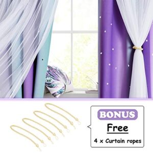 NICETOWN Kids Blackout Curtains for Girls, Star Cutout Teal & Purple Double Layer Curtains for Bedroom Grommet Mix & Match Baby Window Decor Drapes for Nursery/Living Room, 2 Panels, 52" W x 72" L