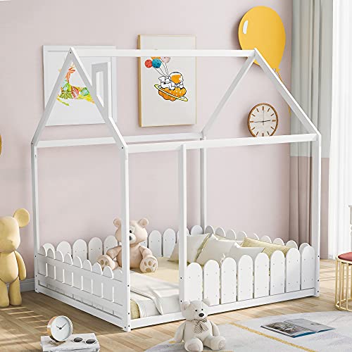 Merax Wooden House Bed with Fence-Shaped Guardrail Montessori Bed Frame for Kids, Toddlers, Girls, Boys (Full,White)