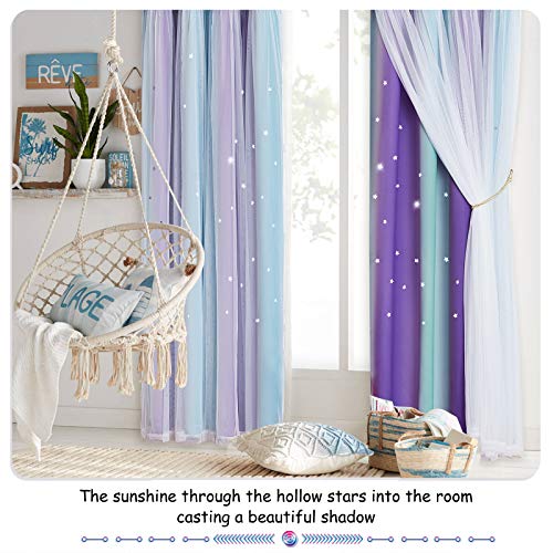 NICETOWN Kids Blackout Curtains for Girls, Star Cutout Teal & Purple Double Layer Curtains for Bedroom Grommet Mix & Match Baby Window Decor Drapes for Nursery/Living Room, 2 Panels, 52" W x 72" L