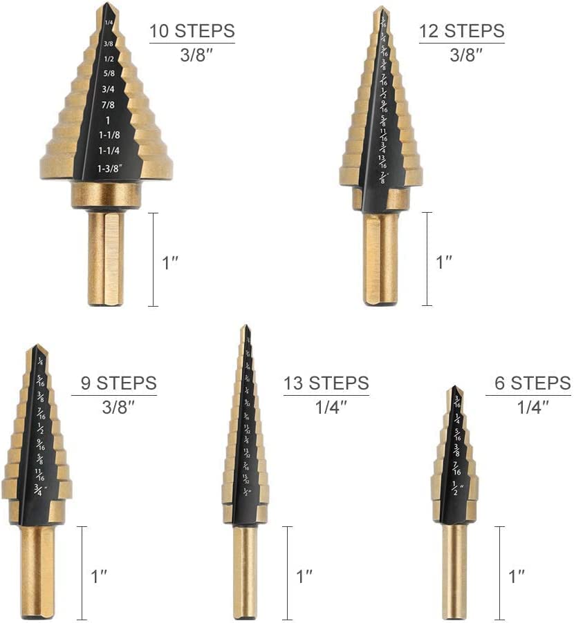 Loboo Idea 6 Pieces/Set Step Drill Bit Set & Automatic Center Punch (6-Pieces/Set, Black)