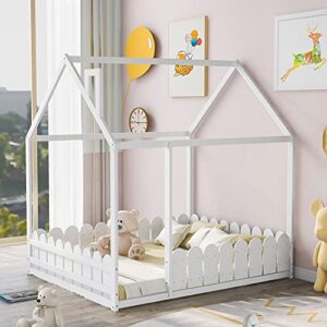 Merax Wooden House Bed with Fence-Shaped Guardrail Montessori Bed Frame for Kids, Toddlers, Girls, Boys (Full,White)