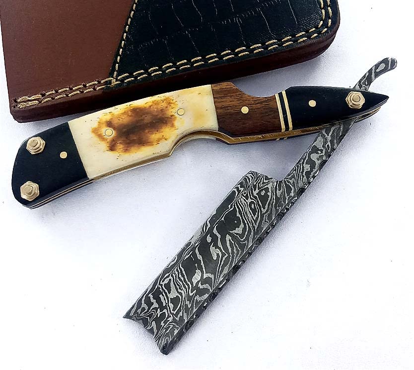 Damascus Steel Straight edge Razor Barber Salon Shaving wet shave real leather sheath for men SM151