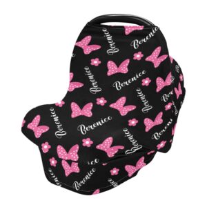 Personalized Pink Bows Baby Car Seat Covers with Name, Custom Multiuse Nursing Breastfeeding Car seat Canopy, Infant Stroller Covers for Newborn Girl Boy, Ultra-Soft Breathable, Nursing Scarf