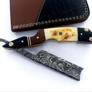 Damascus Steel Straight edge Razor Barber Salon Shaving wet shave real leather sheath for men SM151