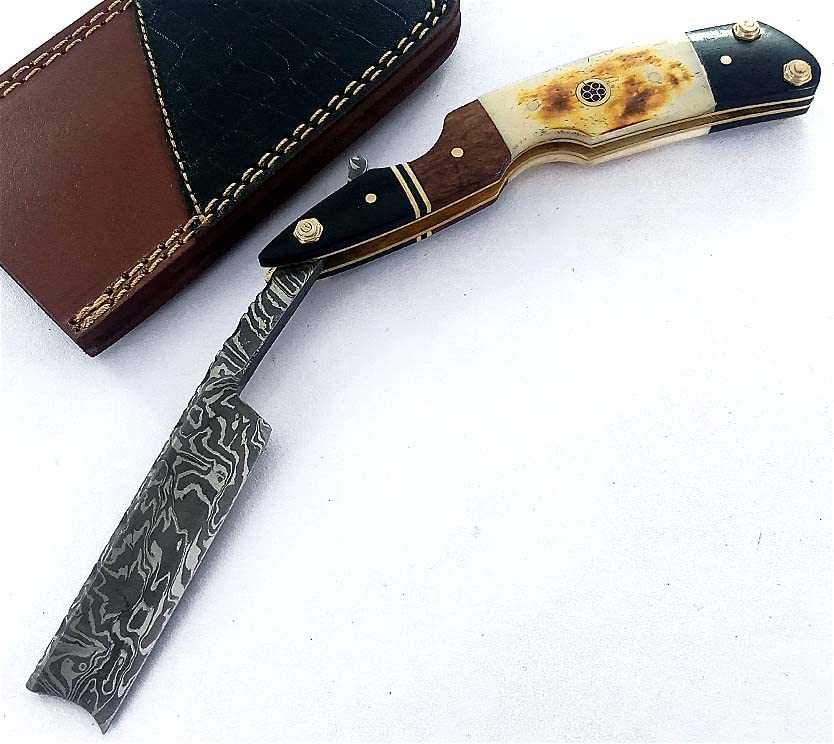 Damascus Steel Straight edge Razor Barber Salon Shaving wet shave real leather sheath for men SM151