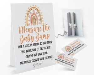 how big is mommys belly game, measure mommy's belly sign(sign 8x10 inch), boho rainbow theme baby shower games, baby showers decorations, 1 standing sign + 50 guessing cards(bump58)