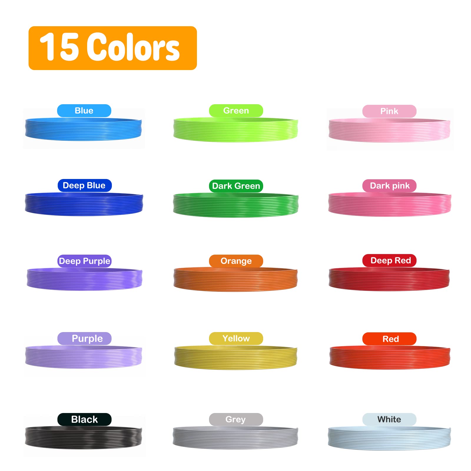 YEETIN 3D Pen Filament Refills 15 Colors, 16 ft per Color Total 240 ft, 1.75 mm PLA Compatible with SCRIB3D MYNT3D 3D Pen Comes with 2 Finger Caps & 3D Pen Template Book [3D Pen NOT Include]