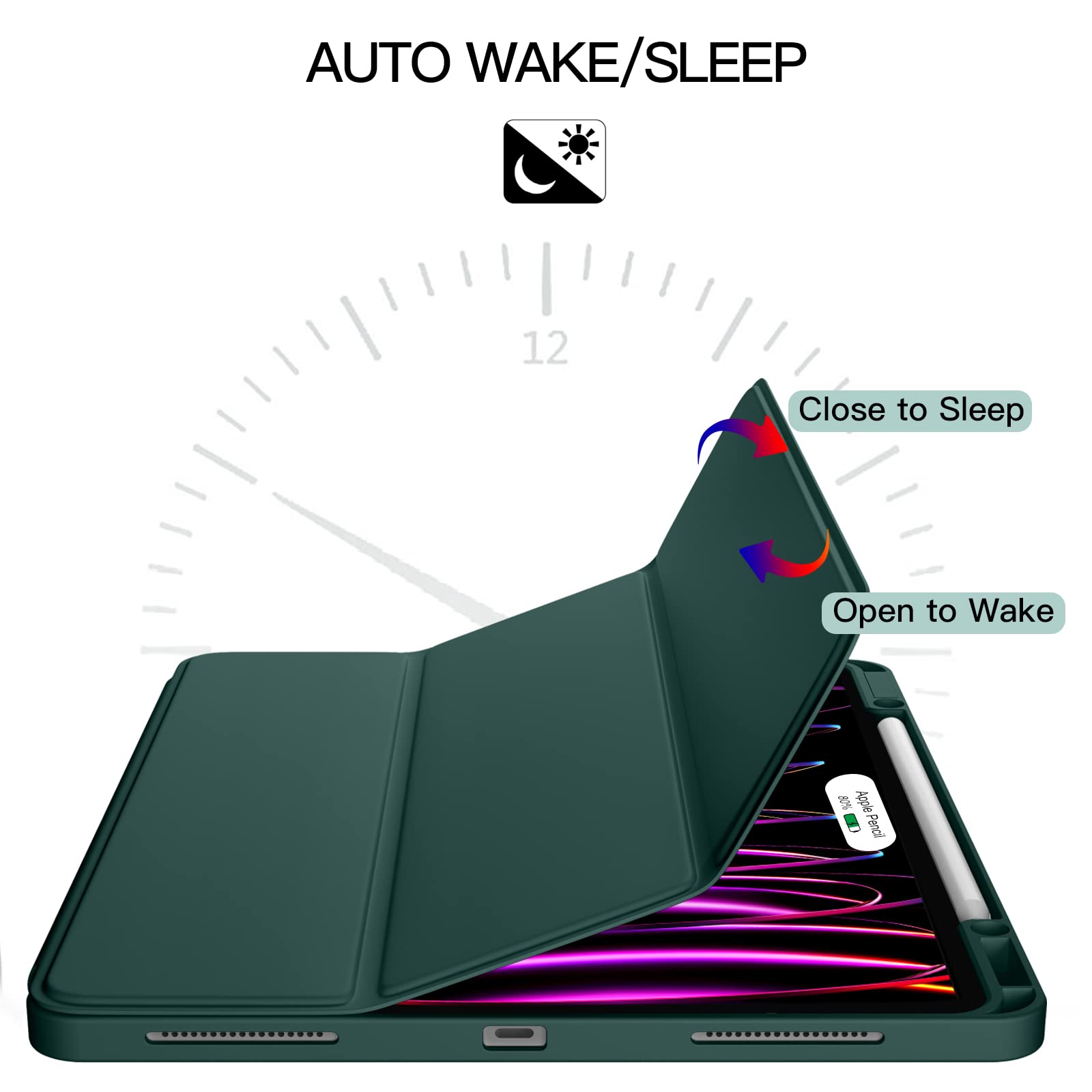 Akkerds Compatible with iPad Pro 12.9 Case 6th/5th/4th/3rd Generation with Pencil Holder, Trifold Stand Cover with TPU Back for iPad 12.9 Pro Case 2022/2021/2020/2018, Auto Wake/Sleep, Mallard Green