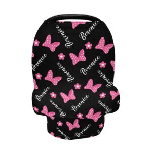 Personalized Pink Bows Baby Car Seat Covers with Name, Custom Multiuse Nursing Breastfeeding Car seat Canopy, Infant Stroller Covers for Newborn Girl Boy, Ultra-Soft Breathable, Nursing Scarf