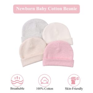 Zsedrut Spring Infant Hospital Beanie Newborn Baby Girls Cotton Turban Hat Tolddler Boy Soft Double-Layer Hat(Preemie/Newborn,White+Pink+Gray+Beige)