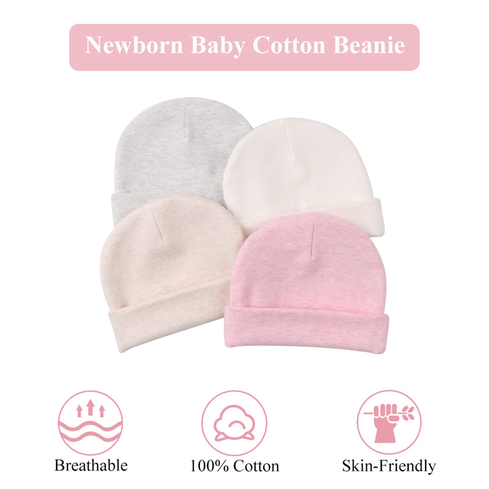 Zsedrut Spring Infant Hospital Beanie Newborn Baby Girls Cotton Turban Hat Tolddler Boy Soft Double-Layer Hat(Preemie/Newborn,White+Pink+Gray+Beige)