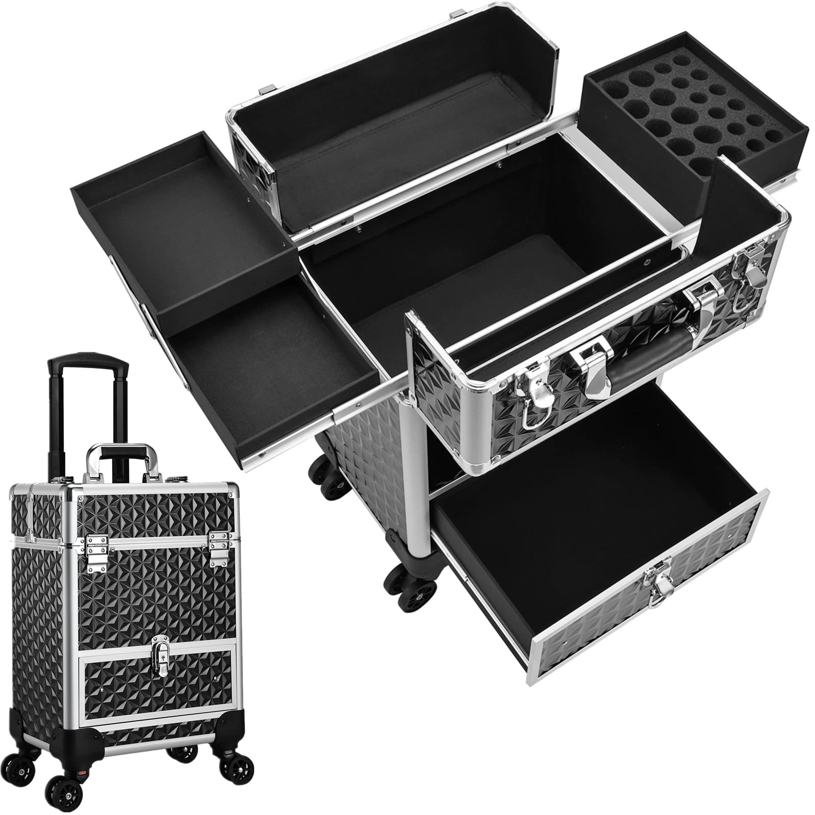 Costravio Rolling Makeup Train Case, Large Storage Professional Cosmetic Trolley Makeup Travel Case with Drawer Key Swivel Wheels Beauty Barber Tattoo Case Trunk for Makeup Nail Tech, Black